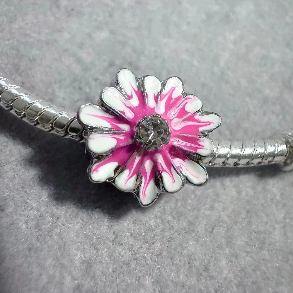 Pink White Enamel Flower Bead Charm fits‎ PANDORA